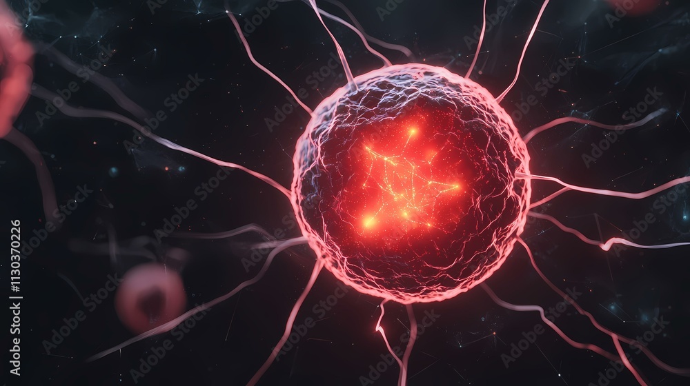 Poster the image shows a glowing red orb with emanating tendrils, resembling a neuron or a cosmic entity, s