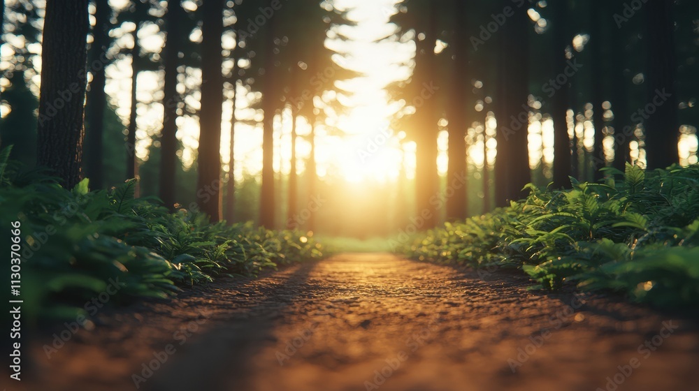 Poster forest path illuminated by golden sunlight at sunset creating a serene atmosphere