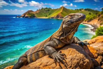 Obraz premium Indonesian Komodo dragon basks in the sun, enjoying an ocean view.