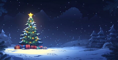 Christmas Tree in Snowy Winter Forest at Night with Shimmering Star and Gift Boxes