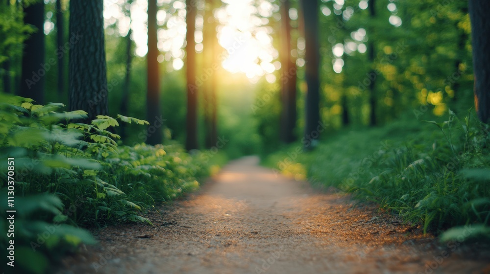 Poster Sunlight filtering through trees on forest path at sunset