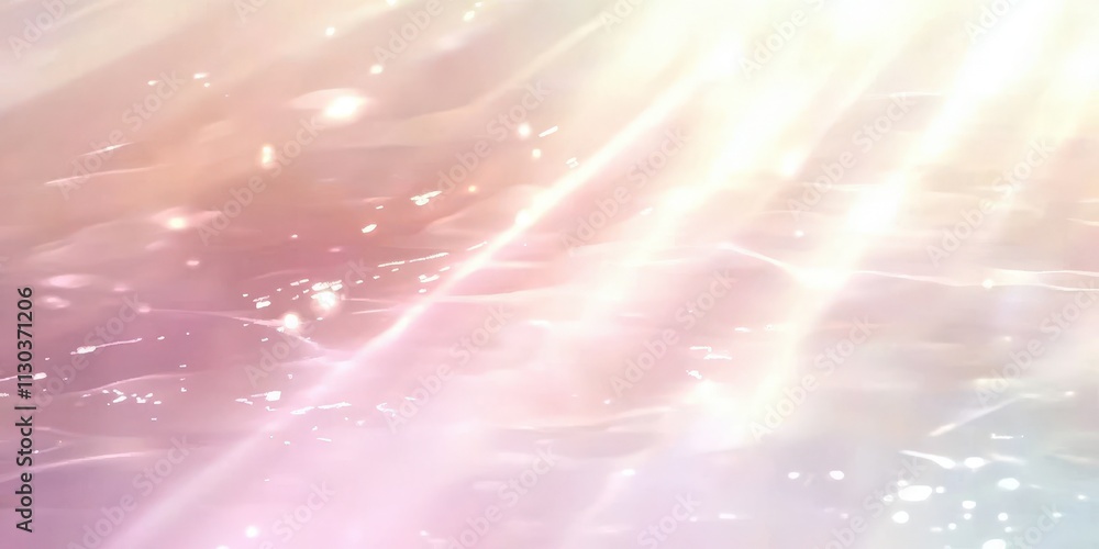 Poster soft pink rays of light reflected on a calm white water surface with a gentle background and etherea