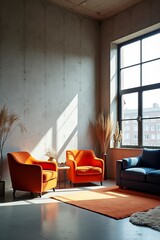 A sleek and modern living room scene: a stark concrete wall provides a dramatic backdrop for a minimalist design. Two vibrant orange armchairs sit harmoniously alongside a dark blue sofa, their bold c