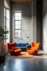 A sleek and modern living room scene: a stark concrete wall provides a dramatic backdrop for a minimalist design. Two vibrant orange armchairs sit harmoniously alongside a dark blue sofa, their bold c