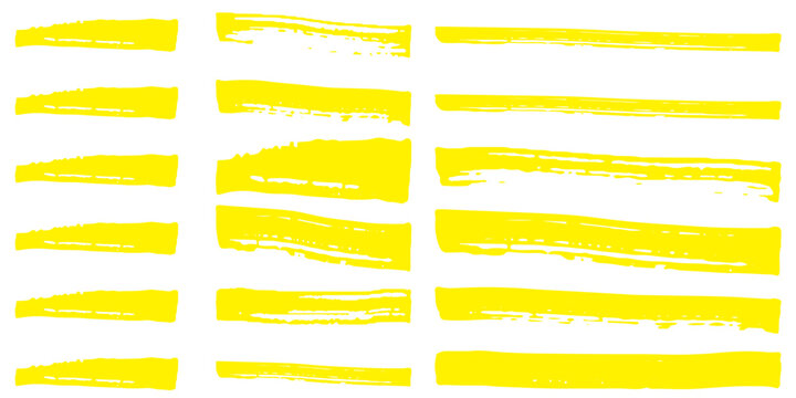 Highlight brush lines. Marker color stroke, brush pen hand drawn underline. Yellow watercolor hand drawn highlight set.