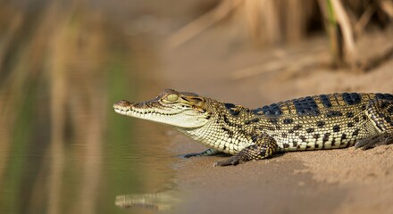Fototapeta premium Close-up of a young crocodile by the water in a natural habitat