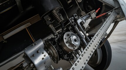 Airplane wheel compartment with mechanical components and hydraulic systems, essential for safe landing and takeoff. Precision engineering and aviation safety concepts.