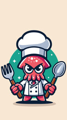 Fototapeta premium The octopus mascot wears a chef's hat and holds a spoon and fork, suitable for a seafood restaurant mascot