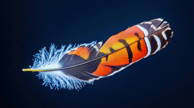 A feather from a royal flycatcher bird, featuring bold orange and red patterns with unique fringe edges