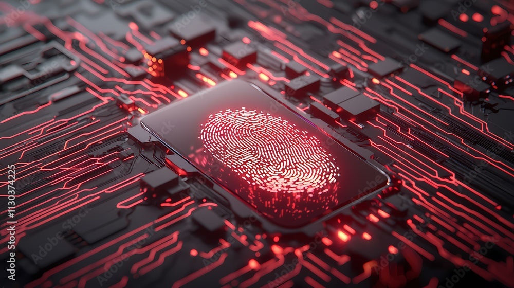 Poster a glowing red fingerprint is embedded within a futuristic, dark circuit board, illustrating the conc