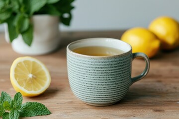 Herbal tea with fresh mint and lemon on rustic table promoting natural relaxation