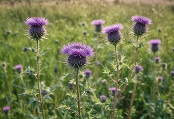Muted pastel tones of purple thistles against a green field, tone, natural beauty, freshness