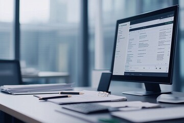 A close-up of a desk filled with tax documents, pens, and a computer screen showing an online tax portal interface