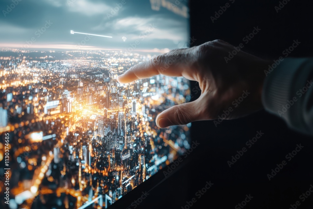 Poster operator engaging with interactive smart city control center screen urban environment data managemen