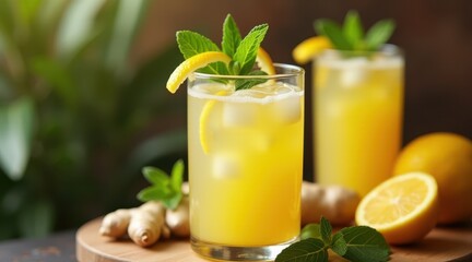 Fototapeta premium A refreshing glass of homemade ginger lemonade garnished with mint and lemon slices, placed on a wooden surface with ginger root and whole lemons in the background