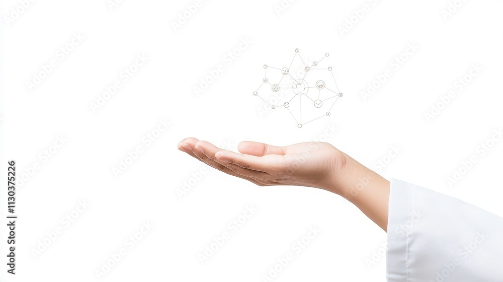 Aufkleber hand reaching out with abstract network connections representing technology and communication on a w