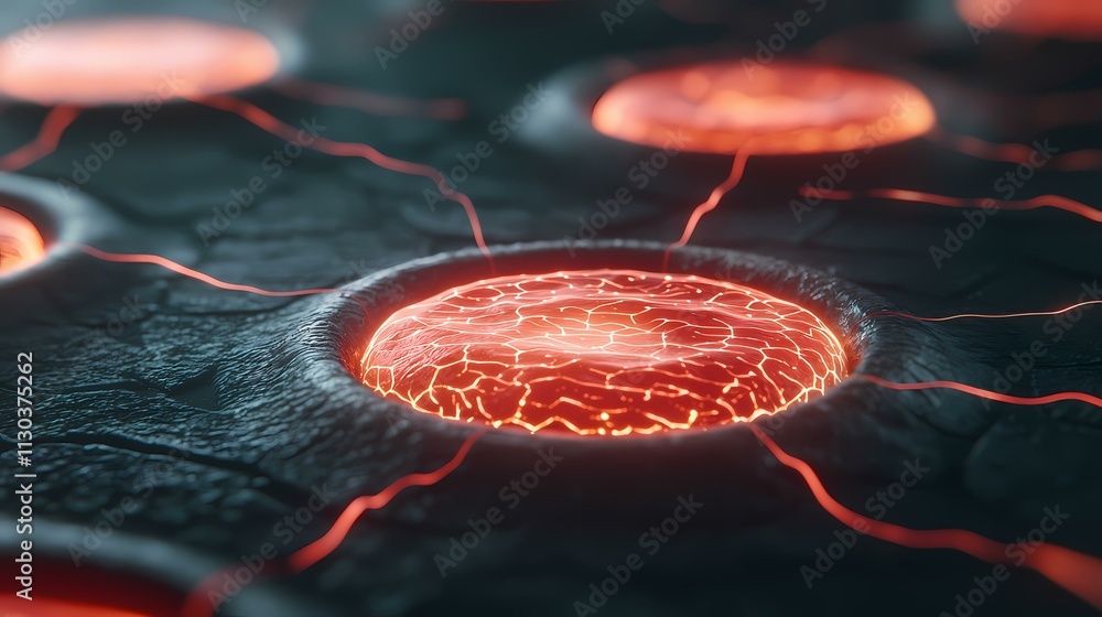Poster the image shows a close-up view of a dark, textured surface with glowing, red, lava-like orbs embedd