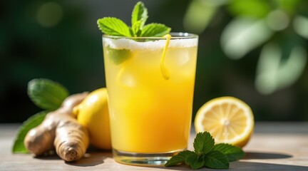 Fototapeta premium A refreshing glass of ginger lemonade garnished with fresh mint, surrounded by whole ginger and slices of lemon on a sunny wooden table