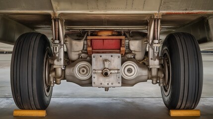 Airplane wheel compartment with mechanical components and hydraulic systems, essential for safe landing and takeoff. Precision engineering and aviation safety concepts.