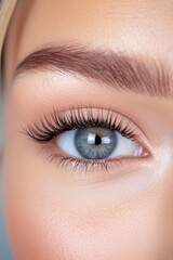 Fototapeta premium Lash Tech woman with beautiful lash extensions. White background beauty shot, medspa beauty editorial closeup eyes, gorgeous lashes instagram feed aesthetic esthetician full lashes volume