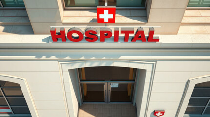 Facade of a hospital building featuring a prominent hospital sign and Swiss cross for identification