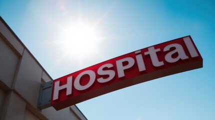 Obraz premium Bright hospital sign under the sun with a clear blue sky for medical facility identification
