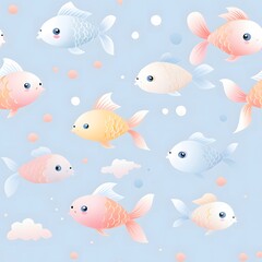 Fototapeta premium Colorful playful fish swimming in a bright blue ocean illustrated background whimsical style underwater view fun concept