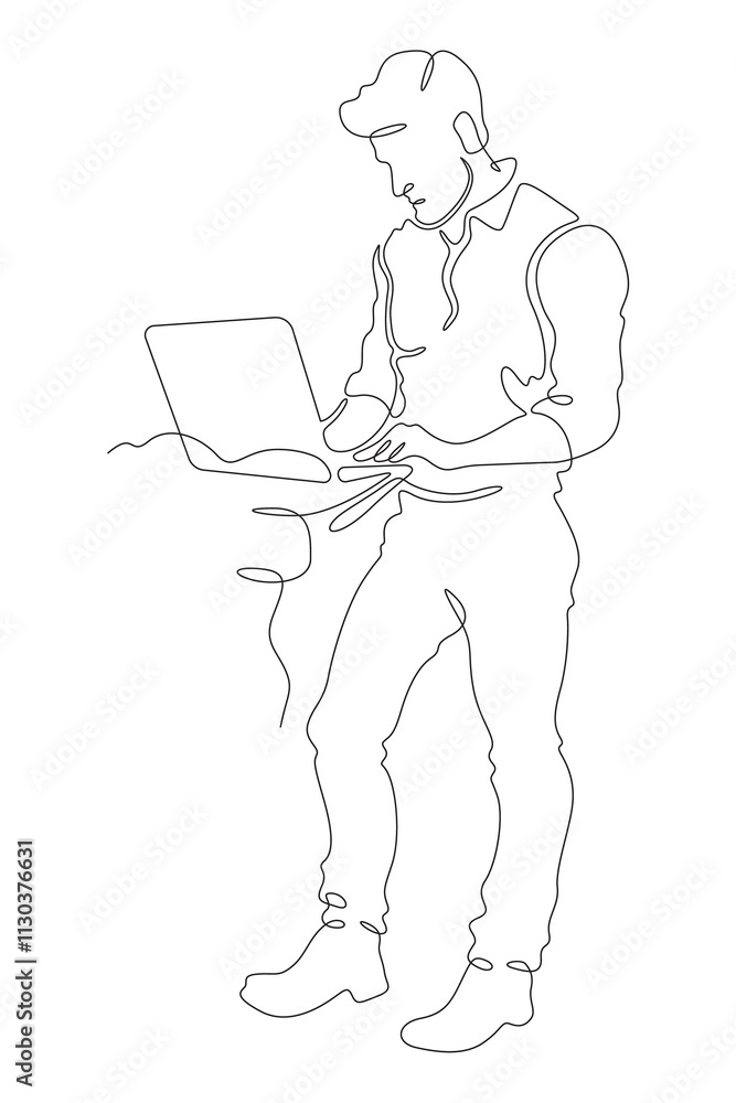 Poster continuous one line drawing young man stands with a laptop at the table. handsome man works on the c