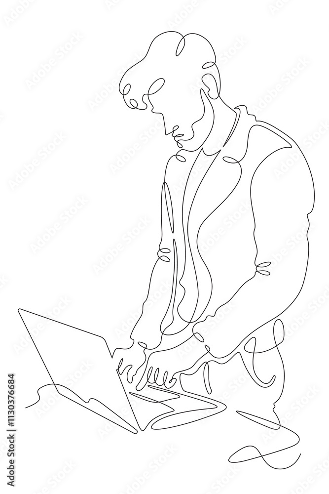 Poster continuous one line drawing young man stands with a laptop at the table. handsome man works on the c