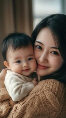 A smiling mother cradles her infant son in her arms, enjoying the pure joy of motherhood
