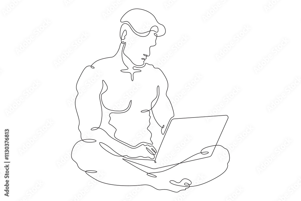 Poster continuous one line drawing young man sitting with laptop. naked man working on computer. online wor