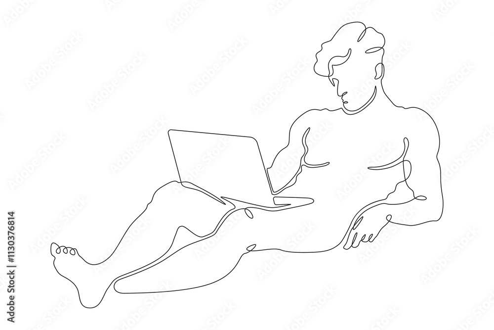 Poster continuous one line drawing young man sitting with laptop. naked man working on computer. online wor