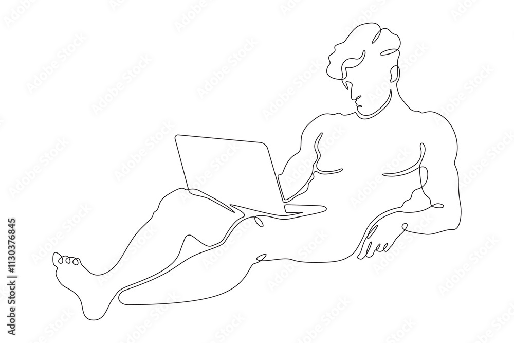 Poster continuous one line drawing young man sitting with laptop. naked man working on computer. online wor
