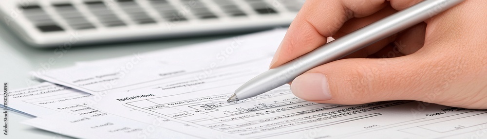 Poster an accountant verifying tax forms against financial data on a computer, emphasizing meticulous verif