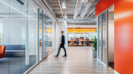 A blurry view of a modern office space with glass doors and windows, featuring natural light and...