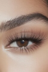 Fototapeta premium Lash Tech woman with beautiful lash extensions. White background beauty shot, medspa beauty editorial closeup eyes, gorgeous lashes instagram feed aesthetic esthetician full lashes volume