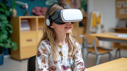 A young girl sits in a classroom, completely immersed in her studies as she interacts with a virtual reality headset