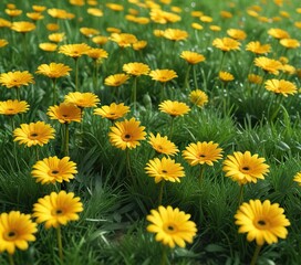 Fototapeta premium Yellow gerbera flowers scattered across a green grassy field with soft focus effects for a dreamy atmosphere, plant life, landscape, gerbera flowers