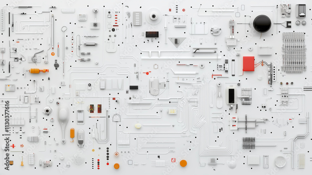 Poster abstract mechanical composition: a captivating collage of numerous small, meticulously arranged mech