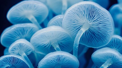 A macro shot of translucent fairy inkcap mushrooms clustered closely
