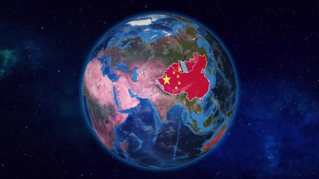 Earth Zooming on China And Mongolia Highlighted with their Flags
