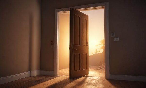 A partially open door with a soft, golden light spilling out into the darkness, inviting exploration and discovery, open door, night