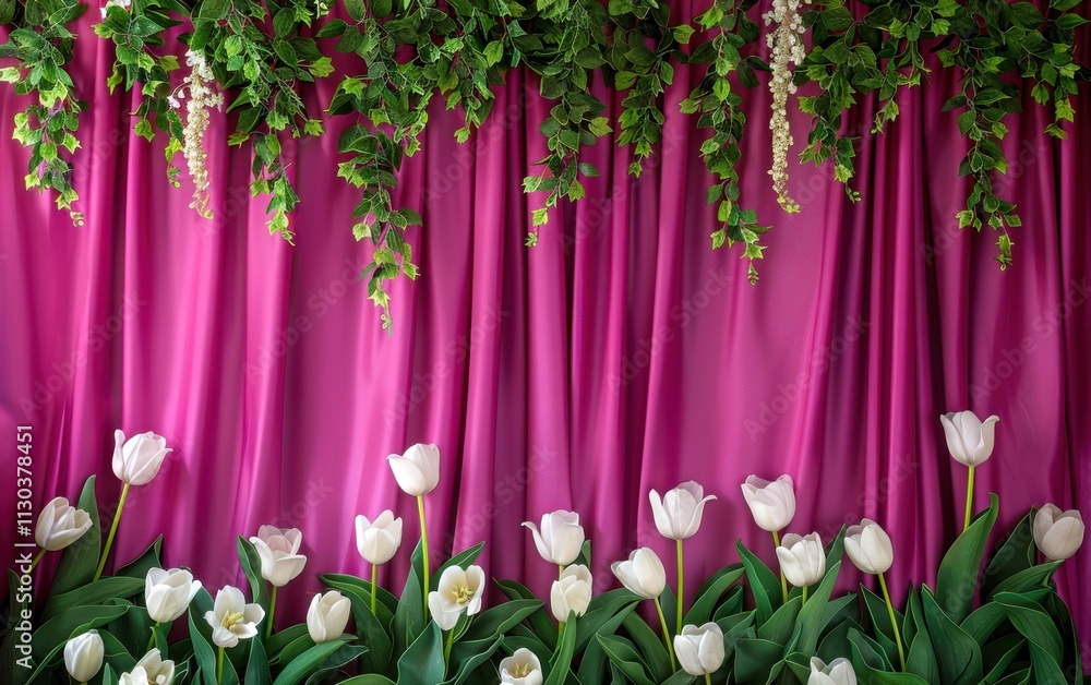 Poster fuchsia studio backdrop with a matte finish, fuchsia silk curtains with clusters of white tulips and