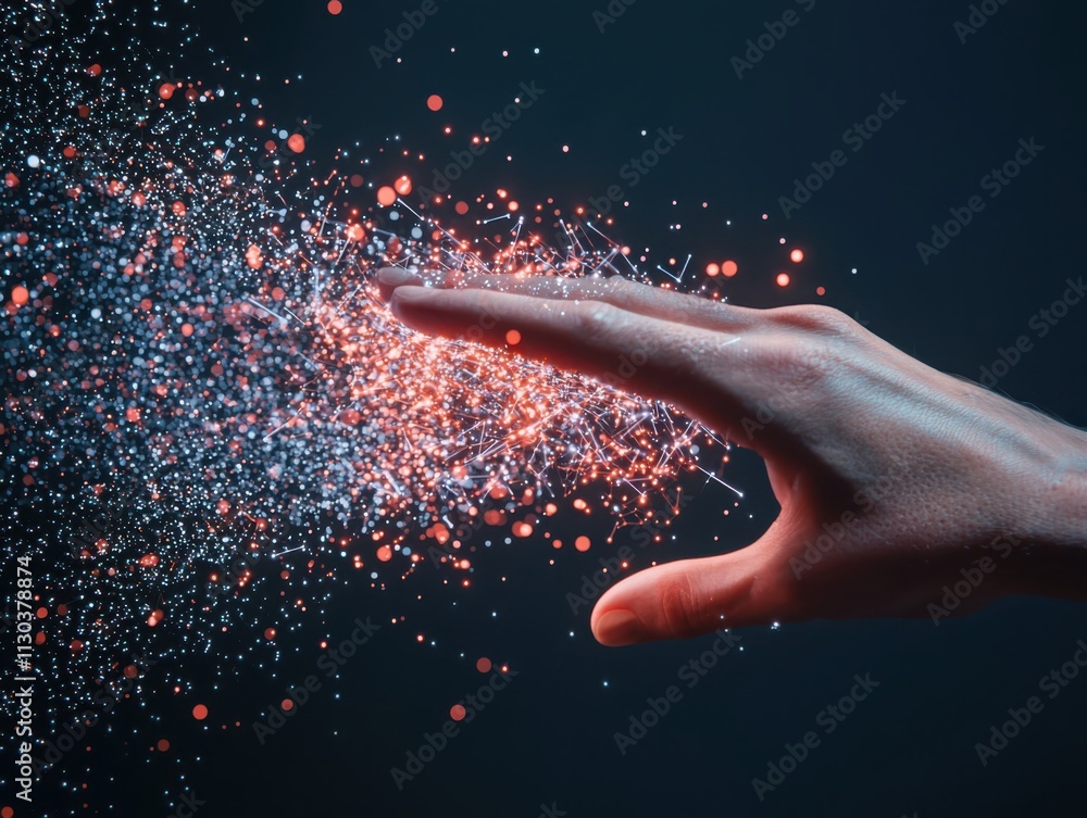 Poster interacting with quantum bits scientist's hand abstract digital environment glowing particles advanc