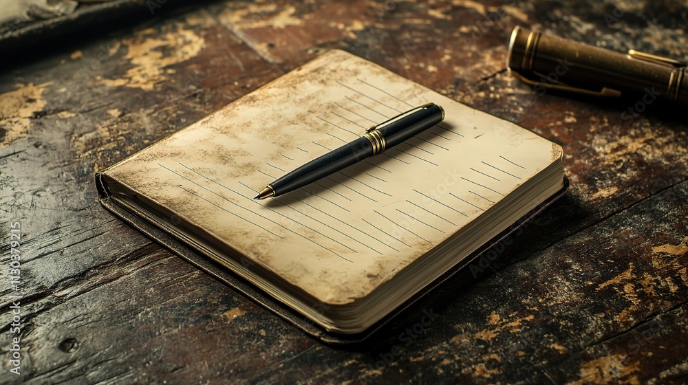 Poster creative workspace with notebook and pen on rustic wooden table