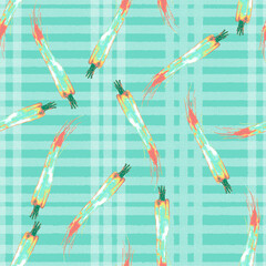 Watercolor vegetable carrot pattern on cage background, juicy fresh. Watercolor illustration