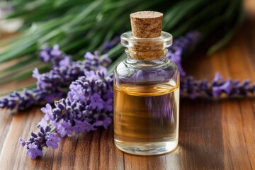 Aesthetic arrangement of lavender oil and flowers emphasizing natural beauty.