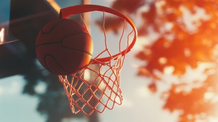 Fototapeta premium Basketball hoop with a ball mid-air during a sunny autumn day