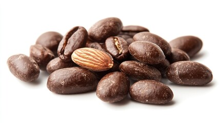 Obraz premium A pile of chocolate-covered coffee beans and a single almond.