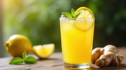 Fototapeta premium Refreshing ginger lemonade with mint garnish in a glass on a wooden table, surrounded by fresh ginger root and lemons against a sunny blurred background